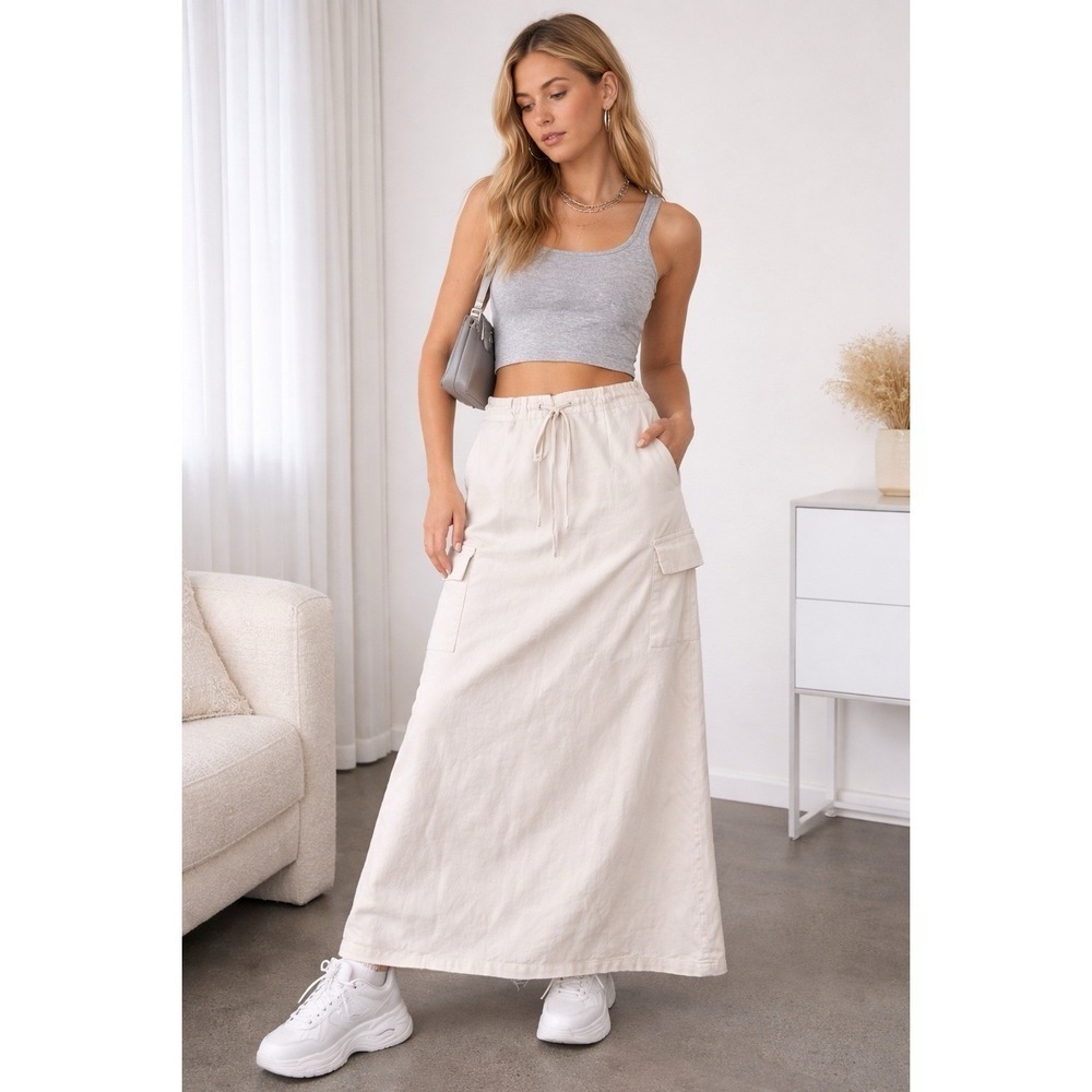 Princess Polly Cream Cargo Maxi Skirt Womens US 10 AU 14 Utility Drawstring